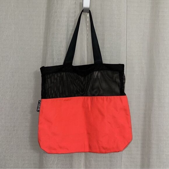 PINK Black Neon Coral Pink Canvas Mesh Tote Bag - Picture 2 of 8